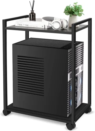 Liitrton Soporte de torre para computadora, soporte de PC de 2 niveles con ruedas bloqueables, soporte para CPU debajo del escritorio para oficina y