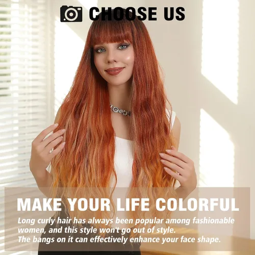 Vista 4 de testar Pelucas de jengibre con flequillo, pelucas largas onduladas para mujeres blancas, peluca sintética rizada ondulada para niñas, uso diario