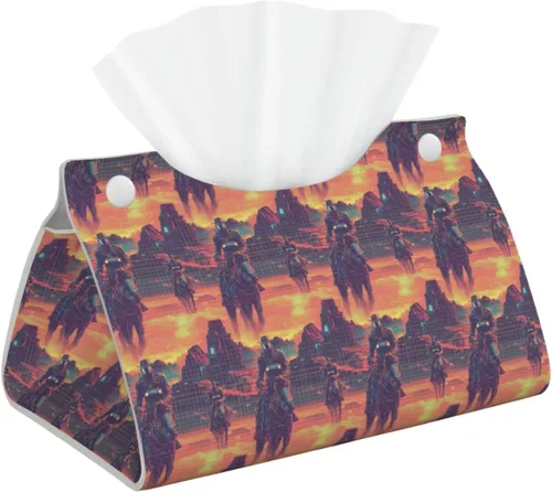 Cyber ​​Retro Western Cowboy Print Tissue Box Cover, Foldable Modern Leather Long Tissue Box Holder, Home Decor Accessories for Bathroom, Office