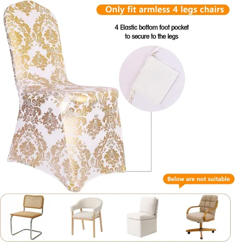 Vista 4 de Juego de 1 fundas decorativas para sillas de comedor, con estampado de flores doradas, extraíbles, lavables, de elastano, para fiestas, bodas
