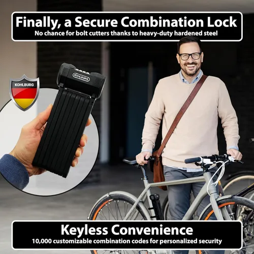 Vista 2 de KOHLBURG Cerradura plegable para bicicleta [43 pulgadas] a prueba de cortador de pernos con código de combinación de 4 dígitos y soporte, bloqueo