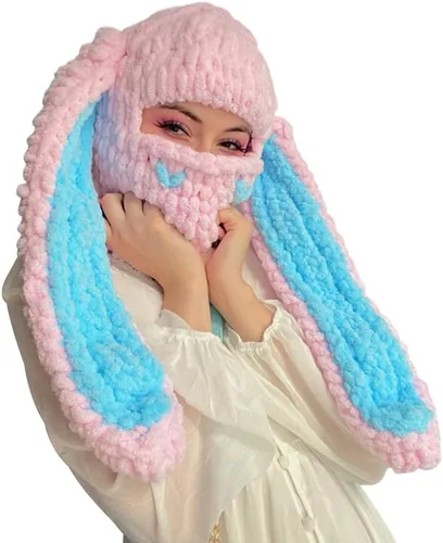 Vista 8 de Gorro de punto de crochet grueso para mujeres y niñas, divertido gorro de conejo con orejas largas con máscara y bufanda, pasamontañas térmico