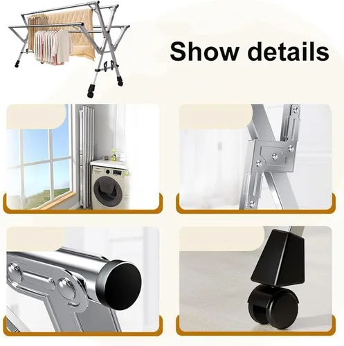 Vista 5 de Foldable 160Cm Stainless Steel Clothes Drying Rack, Heavy Duty Retractable Laundry Rack, Portable Indoor/Outdoor Garment Dryer, Space-Saving Design