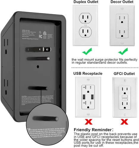 Vista 6 de Extensor de tomacorriente, protector de sobretensiones con 5 enchufes múltiples y 4 puertos USB (2 USB C), cargador de pared de regleta
