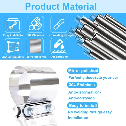 Vista 2 de Abrazadera de escape de 2.5 pulgadas, acoplador de manguito de abrazadera de banda de unión a tope de acero inoxidable, para tubos de escape