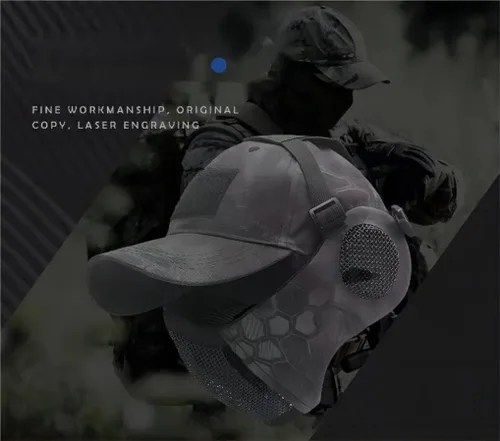 Vista 6 de Máscara táctica plegable de malla + con gorra de béisbol ajustable con protección para los oídos, para paintball, tiro, cosplay, juego CS