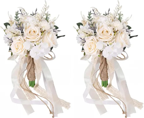 CEWOR Ramos de boda para novia, dama de honor, rosas artificiales color champán blanco, decoración de boda (7.5 pulgadas) (paquete de 2)