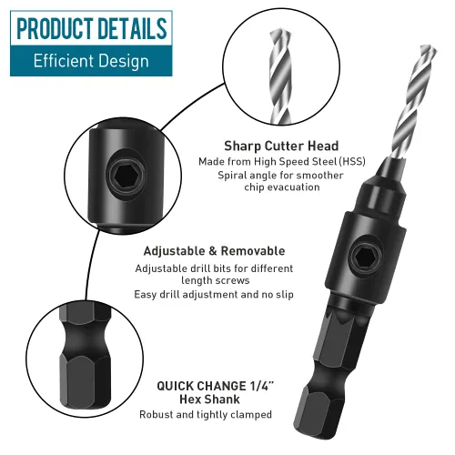 Vista 3 de Juego de brocas avellanadas para madera, 3 en 1, juego de brocas avellanadas para carpintería con tope de profundidad ajustable, #5, #6, #8, #10