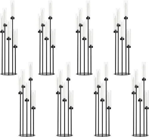 Vista 14 de Portavelas negro mate de 39.8 pulgadas con tonos acrílicos, candelabro alto de 5 brazos, centro de mesa negro para boda, sala de estar, comedor