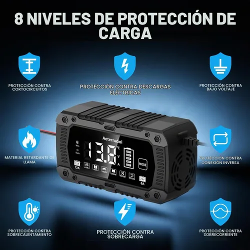 Vista 7 de Cargador de batería de coche inteligente 12A, cargador de mantenimiento de 12V 12A