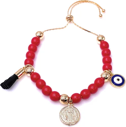 Pulsera de cuentas de cristal rojo de San Benito con azabache auténtico y azul con protección contra el mal de ojo, M, Vidrio