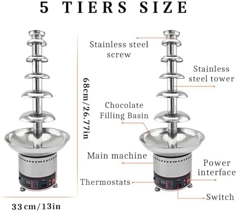 Vista 5 de Chocolate Fountain Machine - 4-Tier Dessert Fountain with Clear Acrylic Dust Cover & Temperature Control, Perfect for Parties, Weddings, Buffets &