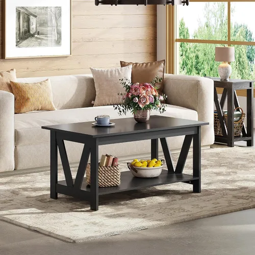 Vista 7 de WLIVE Mesa de centro con estante de almacenamiento, mesa de centro estilo granja de 39.4" con soporte de marco en V, mesa central rústica de madera
