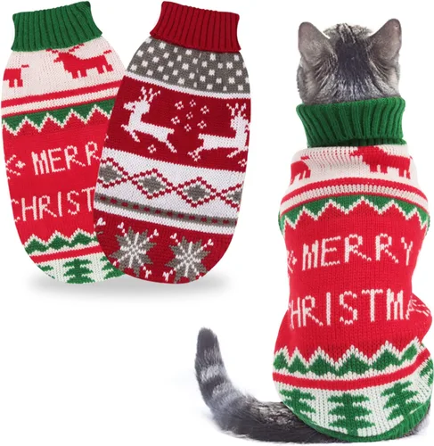 Vista 8 de BWOGUE 2 Packs de suéteres navideños para gatos, suéteres para perros, ropa tejida cálida de invierno para mascotas, suéteres con árbol de Navidad