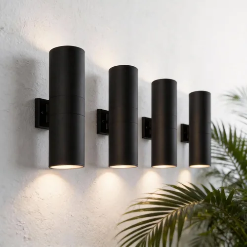 Vista 17 de mirrea Lámpara moderna para porche al aire libre en 2 luces con cilindro de aluminio y cubierta de vidrio templado, aplique de pared impermeable