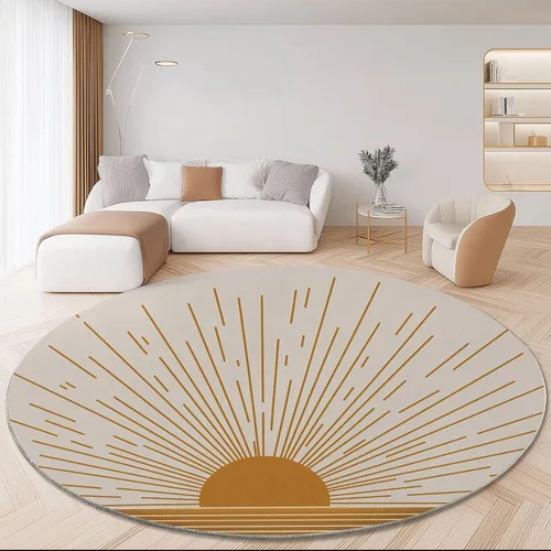 Bath Mat Round Rug 2 ft, Boho Sun Line Mandala Washable Circular Rugs, Non Slip Absorbent Beige Circle Area Carpet for Kitchen Living Room Bedroom