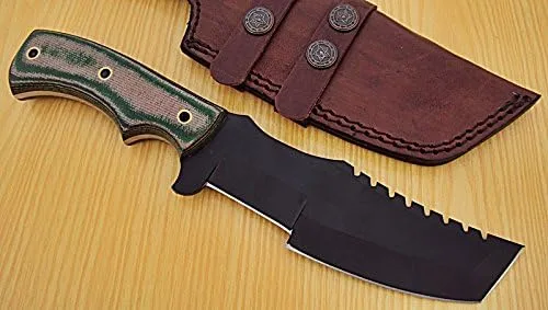 Vista 2 de Poshland TR-38 PERSONALIZADO HECHO A MANO ACERO CARBONO (1095) CUCHILLO DE SEGUIMIENTO - MANGO DE MICARTA DE JEAN VERDE MARRÓN.