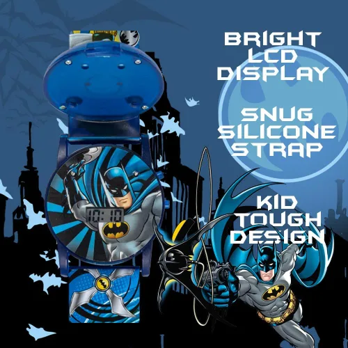 Vista 4 de Accutime Batman DC Comics - Reloj digital para niños, luces LCD intermitentes, apertura abatible, reloj musical, banda de plástico azul, Logo Cara