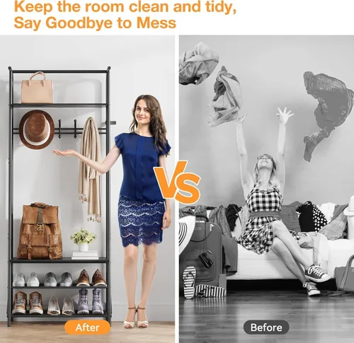 Vista 3 de IDEALHOUSE Perchero para zapatos con 5 ganchos, banco de entrada con almacenamiento, muebles decorativos de aspecto de madera con marco de metal