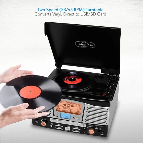 Vista 4 de Pyle Inicio Versión actualizada Tocadiscos de estilo clásico - Altavoces integrados, reproductor de discos inalámbrico, tocadiscos convertir vinilo