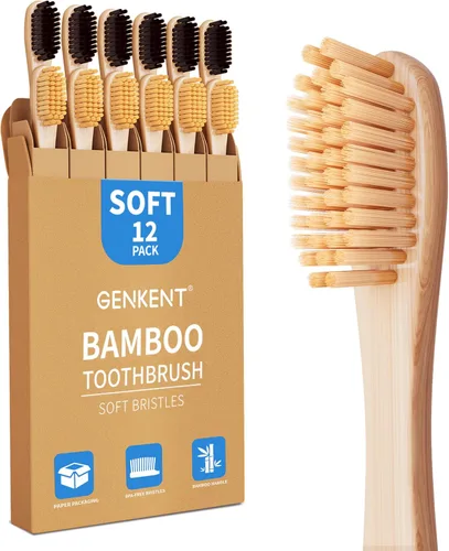 Vista 7 de GENKENT Cepillos de dientes de bambú con cerdas medianas para adultos, paquete de 12, cerdas de 0.008 in Cerdas medianas de carbón y madera