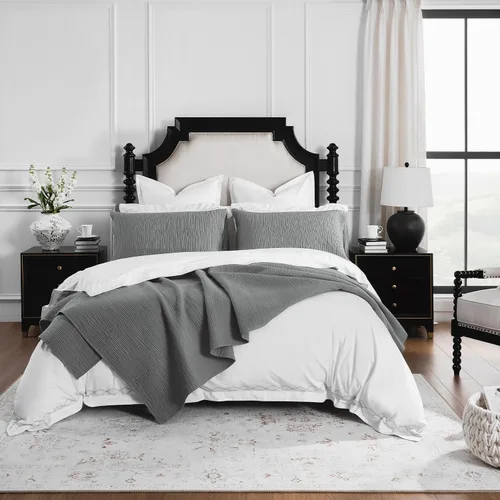 Vista 2 de Calla Angel Evelyn Stitch Threads - Juego de edredón de 3 piezas tamaño Queen de algodón puro, color gris, hilos