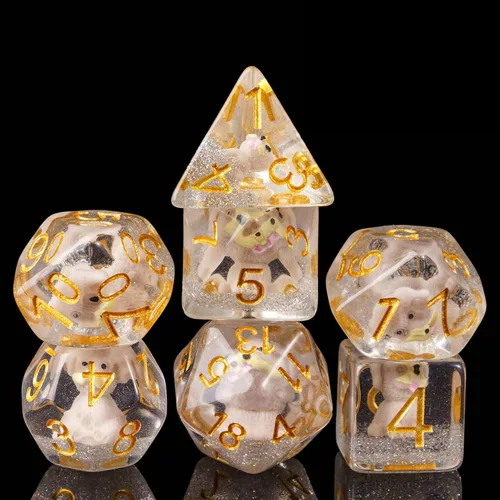 Cusdie Dados DND de 7 troqueles, juego de dados poliédricos rellenos de animales, para juegos de rol Dungeons and Dragons D&D Pathfinder (perro gris)
