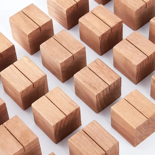 Vista 4 de OLYCRAFT 20 soportes de madera para tarjetas de lugar de madera de pino, soportes de números de mesa de sillín marrón cuadrado para boda, cena