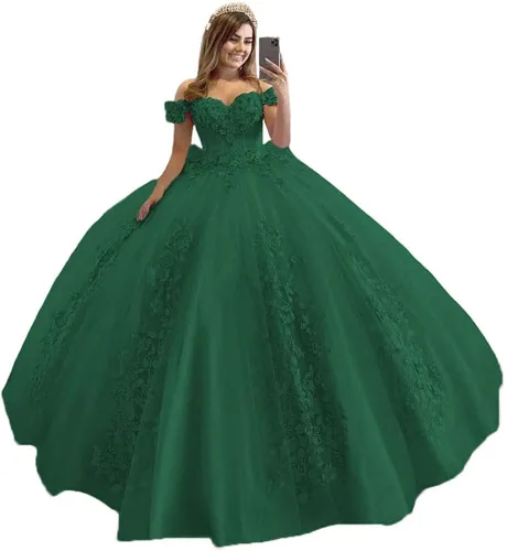 Loyeloy Vestidos de quinceañera con hombros descubiertos para niñas, vestidos de fiesta hinchados con flores 3D para adolescentes, vestidos de