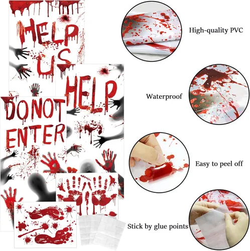 Vista 3 de Cubierta de ventana de Halloween sangrienta, decoración de póster de puerta de Halloween, huellas de manos sangrientas, silueta aterradora