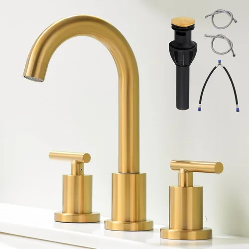 Vista 10 de Grifo de lavabo de baño generalizado de dos asas, grifo de tocador de 3 agujeros con drenaje emergente y líneas de suministro de grifo cUPC, grifo