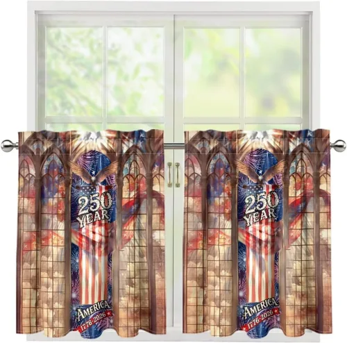 Vista 25 de God Bssing You Tier Curtains for July 4Th 2026 27.5x24 2 Panels Light Filtering Half Window Rod Pocket for Kitchen/Bathroom
