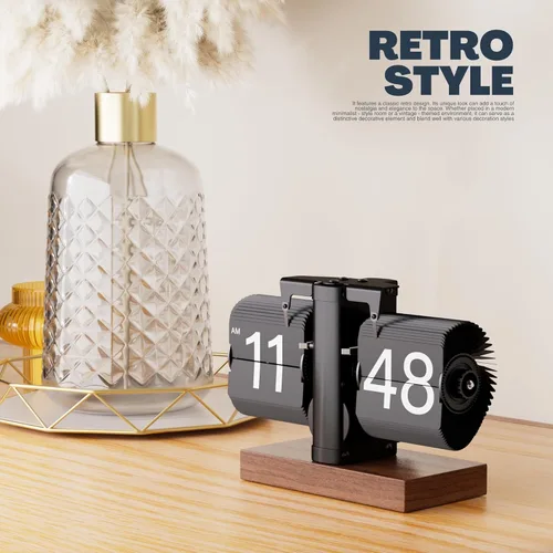 Vista 2 de Reloj analógico retro abatible, reloj de escritorio digital mecánico, vintage, reloj de mesa clásico con pilas, engranaje interno operado con base