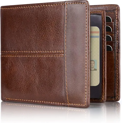 Cartera de cuero auténtico RFID 16 ranuras para tarjetas plegable ventana para identificación para hombre
