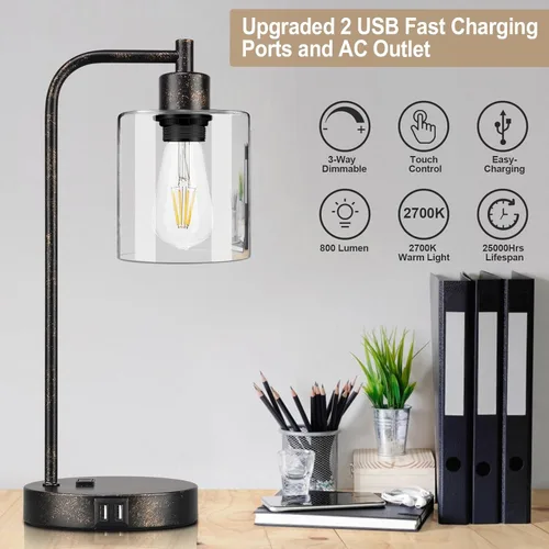 Vista 16 de Juego de 2 lámparas de mesa con control táctil, industriales, con 2 puertos USB y enchufe de CA, lámparas de mesita de noche, regulables de 3 vías