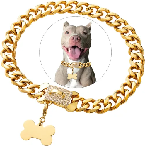 Vista 9 de Collar de acero inoxidable dorado para perros pequeños, medianos y grandes, collar de perro Bulldog francés con seguridad
