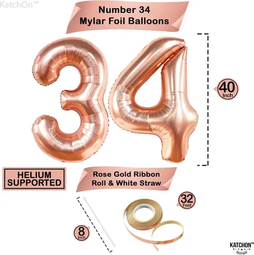 Vista 4 de KatchOn, Juego de globos de oro rosa con el número 34, 40 pulgadas, decoraciones de cumpleaños número 34 para mujeres con globos de confeti, incluye