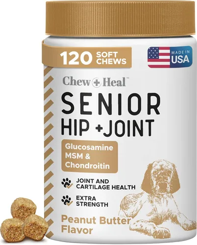 Vista 11 de Chew + Heal Labs Suplemento de glucosamina para cadera y articulaciones, 60 perros mayores, masticables suaves para movilidad, fabricados