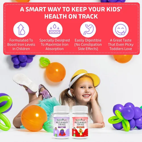 Vista 3 de Suplemento de hierro masticable para niños, hierro carbonílico Ferronyl® 9 mg, vitamina C 30 mg, sabor a uva, 90 tabletas (1 botella) Kids 2+