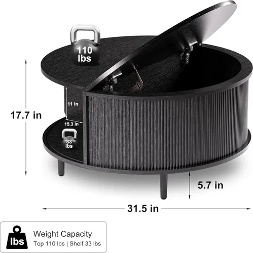 Vista 2 de Mesa auxiliar redonda, mesa central acanalada de 31.5 pulgadas con almacenamiento, mesa de centro elevable con almohadillas ajustables, puerta Negro
