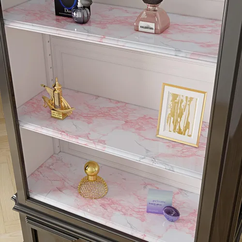 Vista 3 de Livelynine Papel adhesivo de mármol rosa impermeable para encimeras, papel tapiz de mármol adhesivo para dormitorio, cubierta de tocador, baño