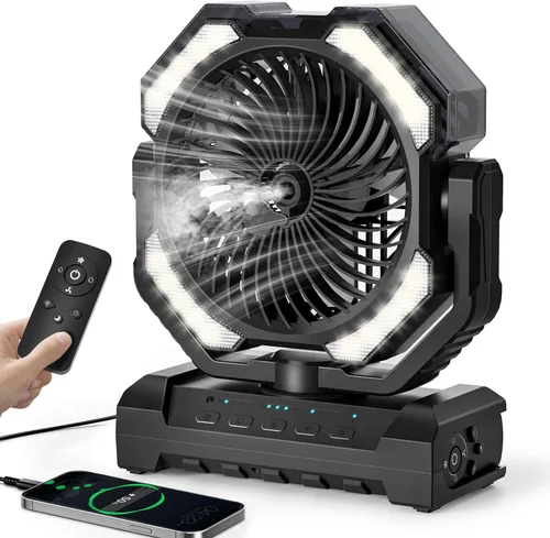 Ventilador de Neblina Portátil de 20000mAh, Ventilador de Camping Recargable por USB con Luz LED, Operado por Batería para Exteriores, Tiendas,