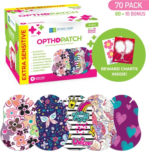 Vista 2 de Opthopatch Defined Vision - Parches para ojos para niños, diseño divertido para niñas [Serie II], 60 + 10 vendajes adhesivos de algodón
