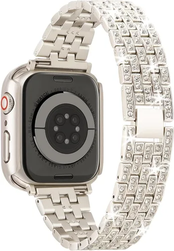 Vista 2 de JOHIPI Correa de reloj unisex, 1.575 pulgadas, acero inoxidable, diamantes de imitación, vidrio templado protector, adecuado para Apple Watch