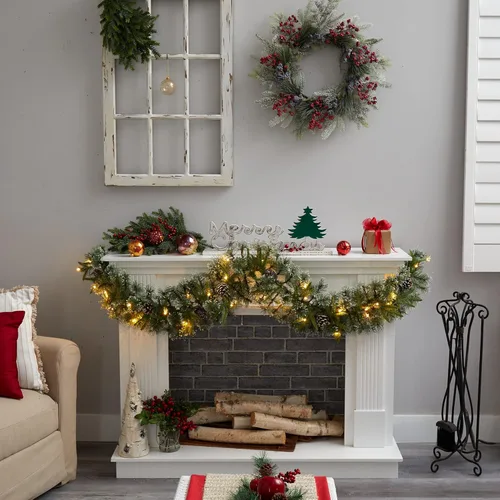 Vista 4 de Nearly Natural Guirnalda artificial de Navidad con punta de nieve de 6 pies con 35 luces LED transparentes y conos de pino