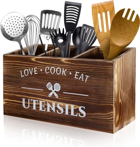 Vista 11 de MINCORD Soporte para utensilios de cocina con 3 compartimentos, caja organizadora de almacenamiento de madera rústica, caja organizadora