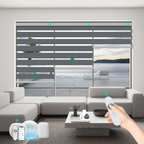 Vista 8 de Persianas motorizadas de cebra con control remoto, funcionan con HomeKit Alexa, cortinas eléctricas automáticas para ventanas, 60% opacas, filtro