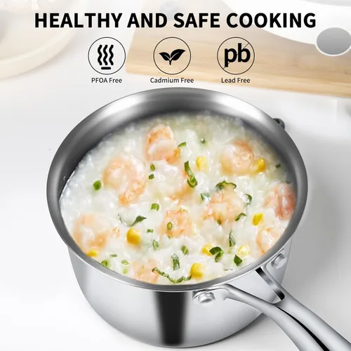 Vista 5 de EWFEN Juego de sartenes de acero inoxidable de 3 capas con tapas, olla multiusos de 1 y 2 cuartos de galón, mango que se mantiene fresco, horno