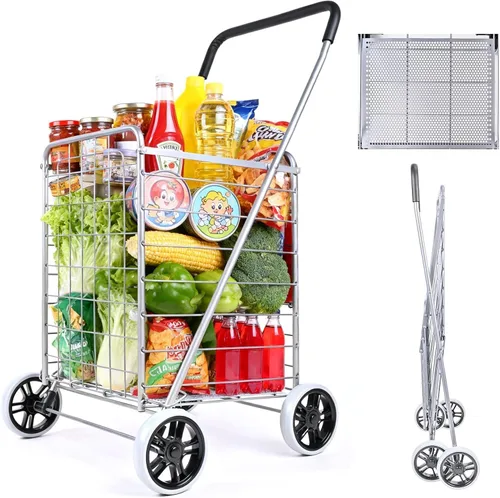 Vista 8 de Carrito de compras de comestibles – Carrito utilitario de lujo con cesta de gran tamaño e instalación sin herramientas, carrito plegable ligero