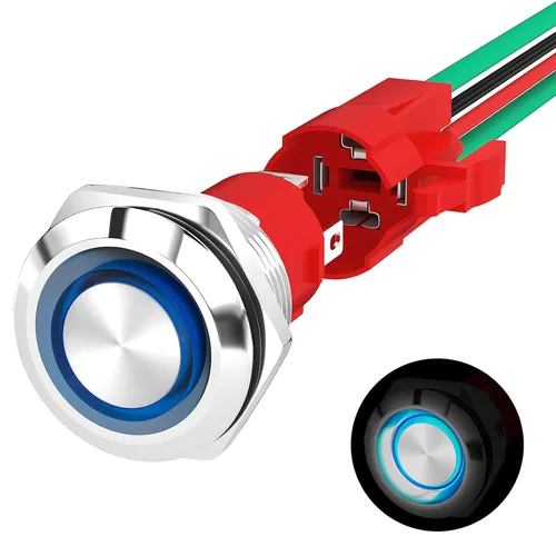 Vista 9 de Interruptor de Botón Pulsador con Bloqueo de 12V 20A Resistente CC 12 Voltios Impermeable Interruptor Redondo 16MM Metal Anillo LED Azul Iluminado